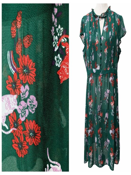 Modcloth Dresses & Skirts - Modcloth Womens Size XL Green Floral Kitty Cats Sheer Ruffle Neck Retro Dress